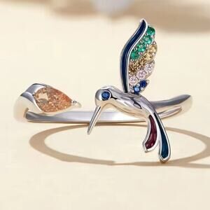 Multicolor Crystal Hummingbird Statement Ring Women's Adjustable Silver Tone NEW